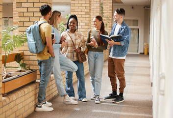 Wall Mural - Education, friends and college with students on campus with books for learning, scholarship or knowledge. Study, future or university with people walking to class for back to school, academy or exam