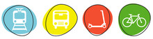 Banner Mit 4 Bunten Buttons: Mobilität - Bahn, Bus, Roller Und Fahrrad
