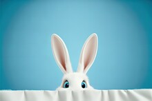 Cute Easter Rabbit Sticking Out Green Grass Corner On Blue Sky Background With Empty Space For Text Or Product. Currious Small Bunny Symbol Of Spring And Easter