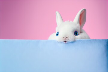 Wall Mural - Cute easter rabbit sticking out blue corner on pink background with empty space for text or product. Currious small bunny symbol of spring and easter