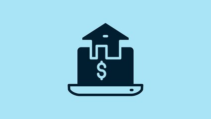 Poster - Blue Online real estate house in browser icon isolated on blue background. Home loan concept, rent, buy, buying a property. 4K Video motion graphic animation
