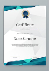 Wall Mural - Modern elegant certificate template with blue and turquoise tosca color gradient. Certificate of achievement template with badge and border. Business award design template