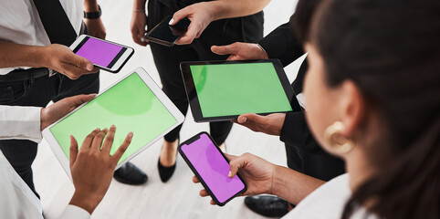 Aufkleber - Hands, green screen and technology with a business group in studio isolated on a white background for communication or networking. Tablet, phone and mockup with an employee team on blank space
