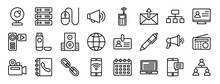 Set Of 24 Outline Web Communication Icons Such As Cam, Server, Mouse Clicker, Megaphone, Phone, Mail, Flow Chart Vector Icons For Report, Presentation, Diagram, Web Design, Mobile App