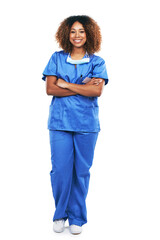 Aufkleber - Happy, smiling and portrait of a black woman with arms crossed isolated on a white background in studio. Medical expert, healthcare and African nurse with a smile, pride and confidence for surgery