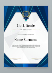 Modern elegant certificate template with blue color gradient. Certificate of achievement template with badge and border. Business award design template