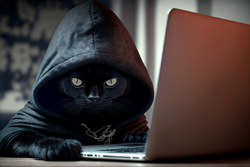 Black cat in a hood sits at a laptop. Information technology concept. Generative AI