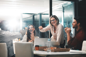 Fototapete - Fist bump, data analysis or business people in success business meeting, invest strategy or planning company finance.Celebrating, happy or teamwork on tax data analysis or global financial network
