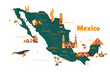 Vector map of Mexico. Attractions. Historical places. Tourism. Cities. Guide. North America. Acapulco. Chichen Itza. Atlanteans of Tula. Mexican mountains. Citlaltepetl. Popocatepetl. Teotihuacan.