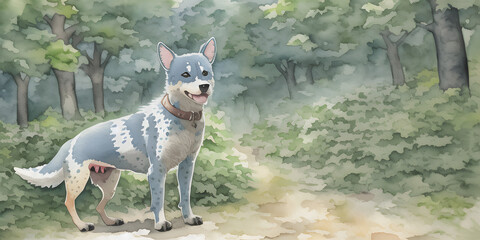 Wall Mural - A beautiful painted watercolor aquarel of a Australian Cattle Dog character in its natural habitat