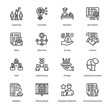 Leadership, Innovative, Education, Recruitment, Salary, Work Flow, Earning, Contract, Staff, Head Hunting, Privilege, Individual Personality, Validation, Outline Icons - Stroked, Vectors
