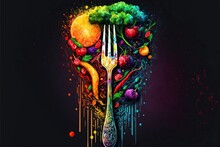 Fork As A Paint Brush Painting With Variety Of Colorful Fruits And Vegetables, Concept Of Vegetarian, Vegan, Created With Generative AI Technology