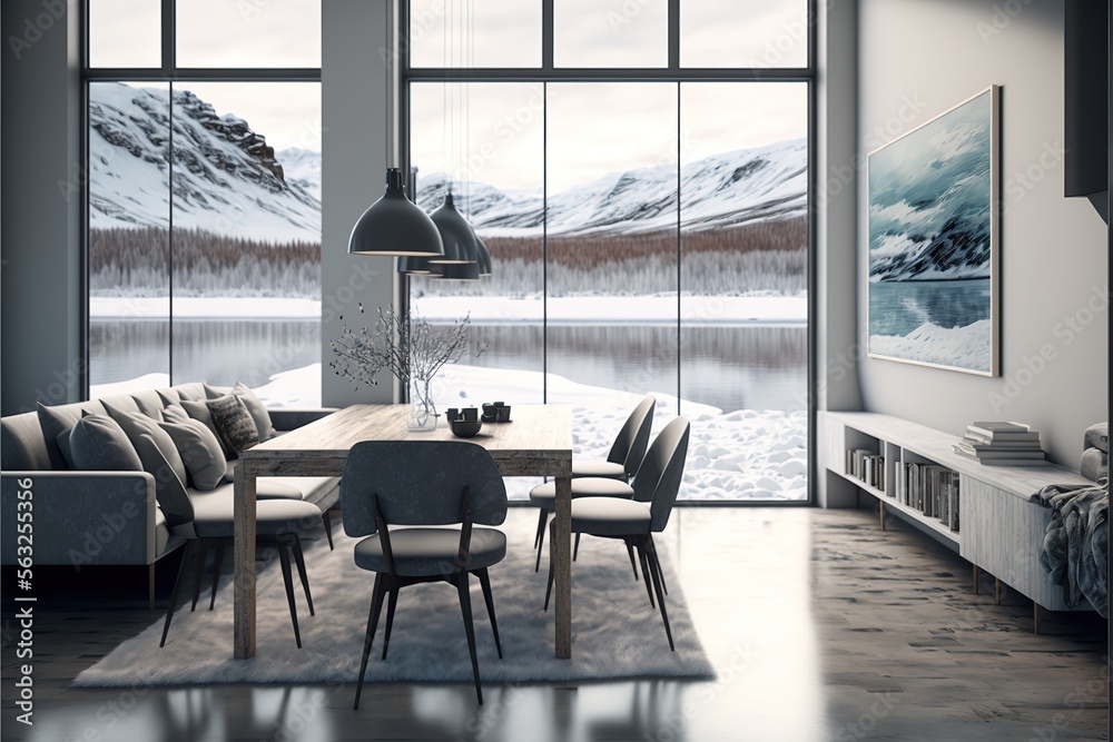 Modern luxury living and dining room with frozen lake, created with ...
