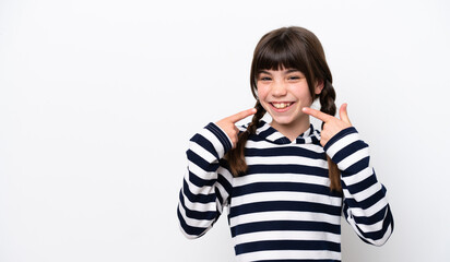 Wall Mural - Little caucasian girl isolated on white background giving a thumbs up gesture