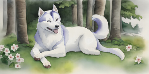 Wall Mural - A beautiful painted watercolor aquarel of a Siberian Husky character in its natural habitat