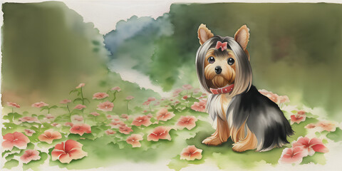 Wall Mural - A beautiful painted watercolor aquarel of a Yorkshire Terrier character in its natural habitat