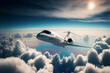 canvas print picture - jet privée qui vol haut dans le ciel avec courbure de la terre en arrière-plan - illustration ia