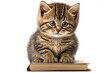 © Kust - Cute kitten reads books on isolated white. The cat sits on a book. [Digital art. Generative AI painting]