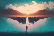 A Man Standing In A River With His Shipwreck Against The Background Of The Sky Upside Down, Digital Art Style, Illustration Painting, Fantasy Concept Of A Man Standing In A River