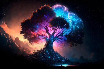 Wall Mural - magic  tree on background dark night sky