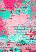 Brightly Colored Pink, Viva Magenta, And Aqua Turquoise Paint Splatter Digital Painting On Brick Wall Background Texture With Empty Space For Copy As A Grunge Retro Colored Template