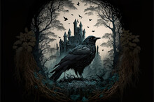 Raven On A Dark Fantasy Landscape With Dead Trees And A Castle Illustration