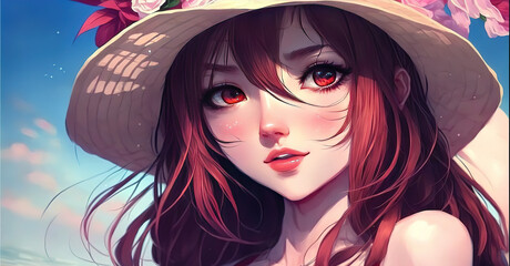 a wonderful and beautiful anime girl with a hat and red eyes is standing at the beach, manga art, generative ai technology