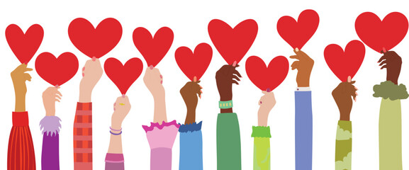 Charity donation and Arms and hands hold heart in hand. Diverse people with heart. Multicultural and multiethnic crowd.