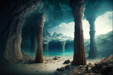 Underground Crystal Stalactite Cavern System With Lake And Glowing Blue Lights In Caves Landscape