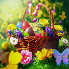 Wall Mural - easter basket with eggs and flowers, Generative AI Art Illustration