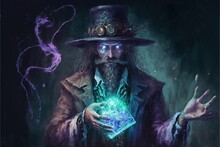 The Angry Wizard Of Evil Spirits Holds A Magic Gem Cast A Spell, Digital Art Style, Illustration Painting, Fantasy Concept Of The Angry Wizard