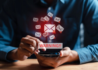 Poster - Email spam virus warning caution sign for notification on internet letter security protect, junk and trash mail, Cybersecurity vulnerability, data breach, illegal connection, compromised information.