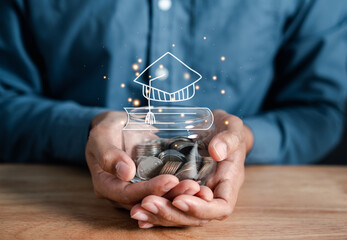 Poster - businessman holding coin into jar with graduation cap and book icons. saving money for future educat