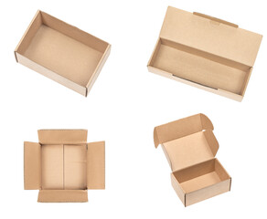 Wall Mural - Open сardboard boxes for gifts or package isolated on white background. Corrugated cardboard paper carton cargo container close up. parcels