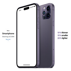 Poster - new frameless smartphone purple color with blank screen saver front and backside view isolated on white background. mockup of realistic mobile phone with shadow. vector 3d isometric illustration