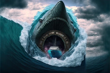 Giant sea monster shark devouring an ocean cruiser ship in a whirpool on the sea