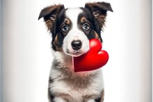 Portrait Of Cute Puppy With Red Heart Valentines Day Concept. Generative AI