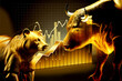 Gold chart business background with golden bull and bear, Generative AI