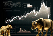 Gold Chart Business Background With Golden Bull And Bear, Generative AI