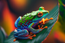 A Colorful Frog Sitting On Top Of A Green Leaf, Generative AI