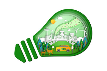 Wall Mural - Green energy concept paper art style, Solar panels, Electric car, Wind power generators with Smart city and Wild animals inside of lightbulb, Ecology and The Environment with Renewable energy sources.