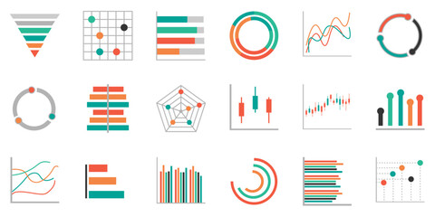 Set of business graph icon, Color object statistics finance presentation, Flat success report symbol vector. 640x640 pixels