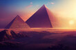 Two ancient pyramids in egyptian desert at sunset (Generative AAI)