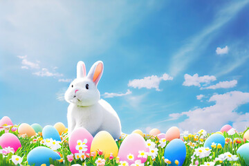 Cute white easter bunny on flower meadow with lots of soft pastel colord easter eggs as easter background illustration (Generative AI)