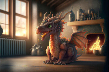 Cute fire dragon child, a baby dragon creature. Fantasy creature, a funny tiny fire dragon inside a stylish house. Generative AI illustration