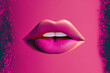 plump female lips magenta background Pop art Beauty Cosmetic Macro Space for text 80s 90s Magenta background Generative AI
