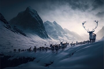 Canvas Print - Flock Of Reindeer On Snow Covered Mountain. Generative ai