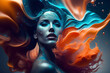 © Alex Tihonov - Generative AI abstract multicolored painting face of beautiful woman with bright make up and colorful wavy hairstyle. Blue and orange color. Fashion and beauty concept