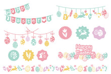 Set Of Easter Elements. Happy Easter Icons For Design. Rabbits, Eggs, Flower And Leaves Decorative Elements For Easter Event Design. Vector Illustration.