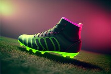 Bright Neon Football Boots On Green Grass Stadium- Generative AI
